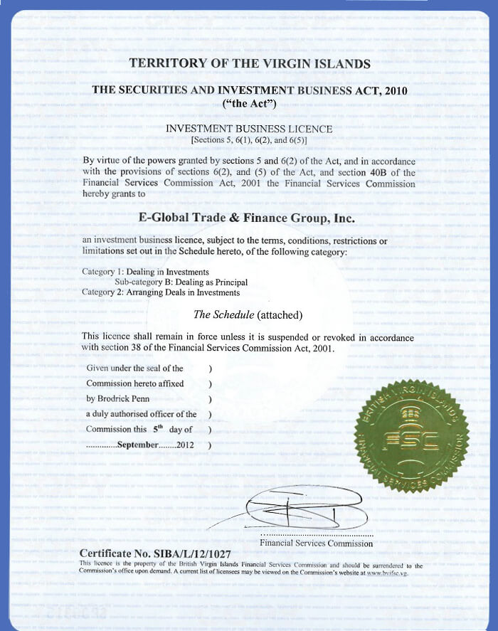 E-Global Trade＆Finance Group，Inc。BVI。 执照