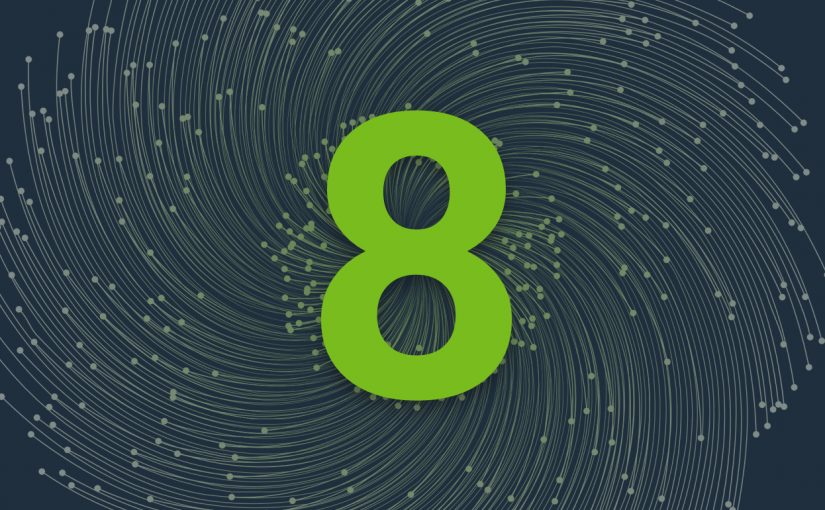 Bright green number eight in the dark grey background