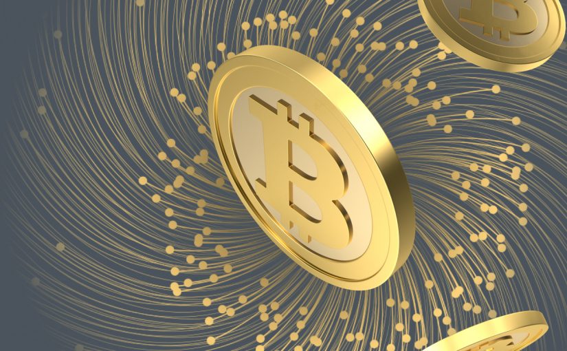 Golden bitcoins spinning in grey background,Forex4you launched Bitcoins for trading