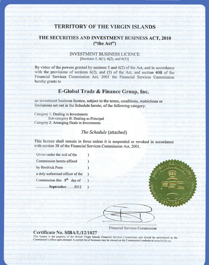 ใบอนุญาต E-Global Trade & Finance Group, Inc. BVI.